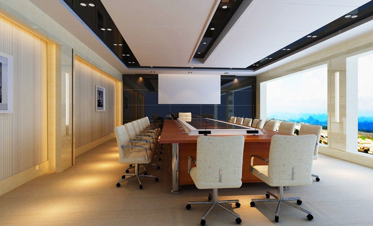 Meeting Room Design Ideas Part - 35: Inspiring Meeting Room Design : Inspiring Meeting Room Design With Big Window White Wall Wooden Desk Chair Lamp Ceramic Floor