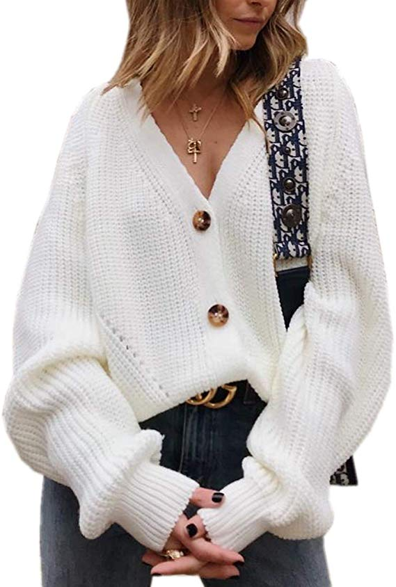 Asskdan Womens V Neckline Button Down Knitwear Lantern Sleeve Basic Knit Cardigan Sweater Tops