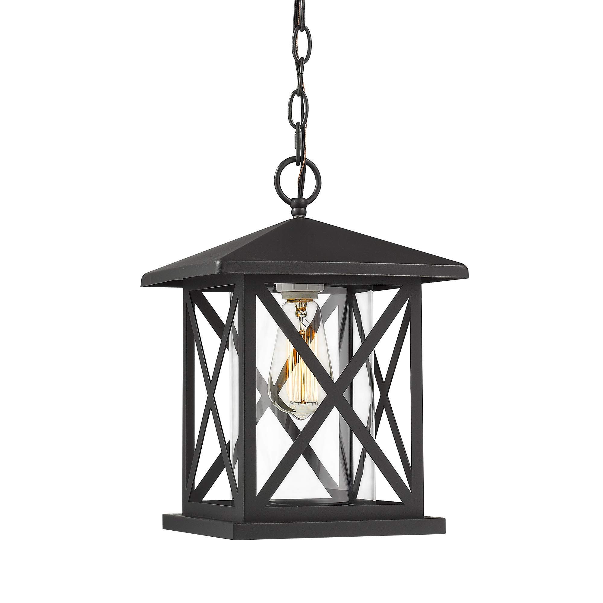 Matte Black Finish with Clear Glass Height Adjustable Outdoor Pendant Light Exterior Hanging Lantern 1-Light Outdoor Pendant Lighting for Porch