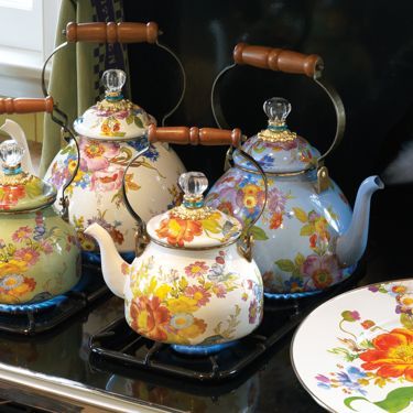 MacKenzie-Childs - Flower Market Enamel 3 Quart Tea Kettle - White