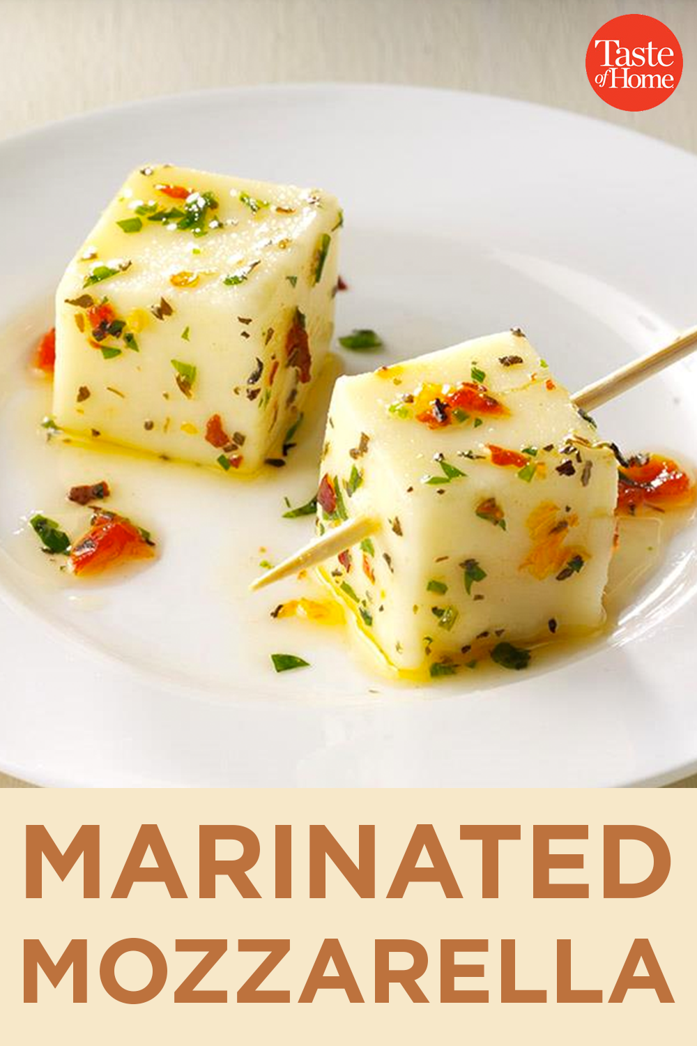 Marinated Mozzarella. It can be made ahead to free up time later. I serve it with pretty frilled toothpicks for a festive look. Finger Food Appetizers, Yummy Appetizers, Appetizers For Party, Appetizer Snacks, Mozzarella Appetizers, Toothpick Appetizers Easy, Mozzarella Recipes, Best Appetizer Recipes, Wedding Appetizers Easy