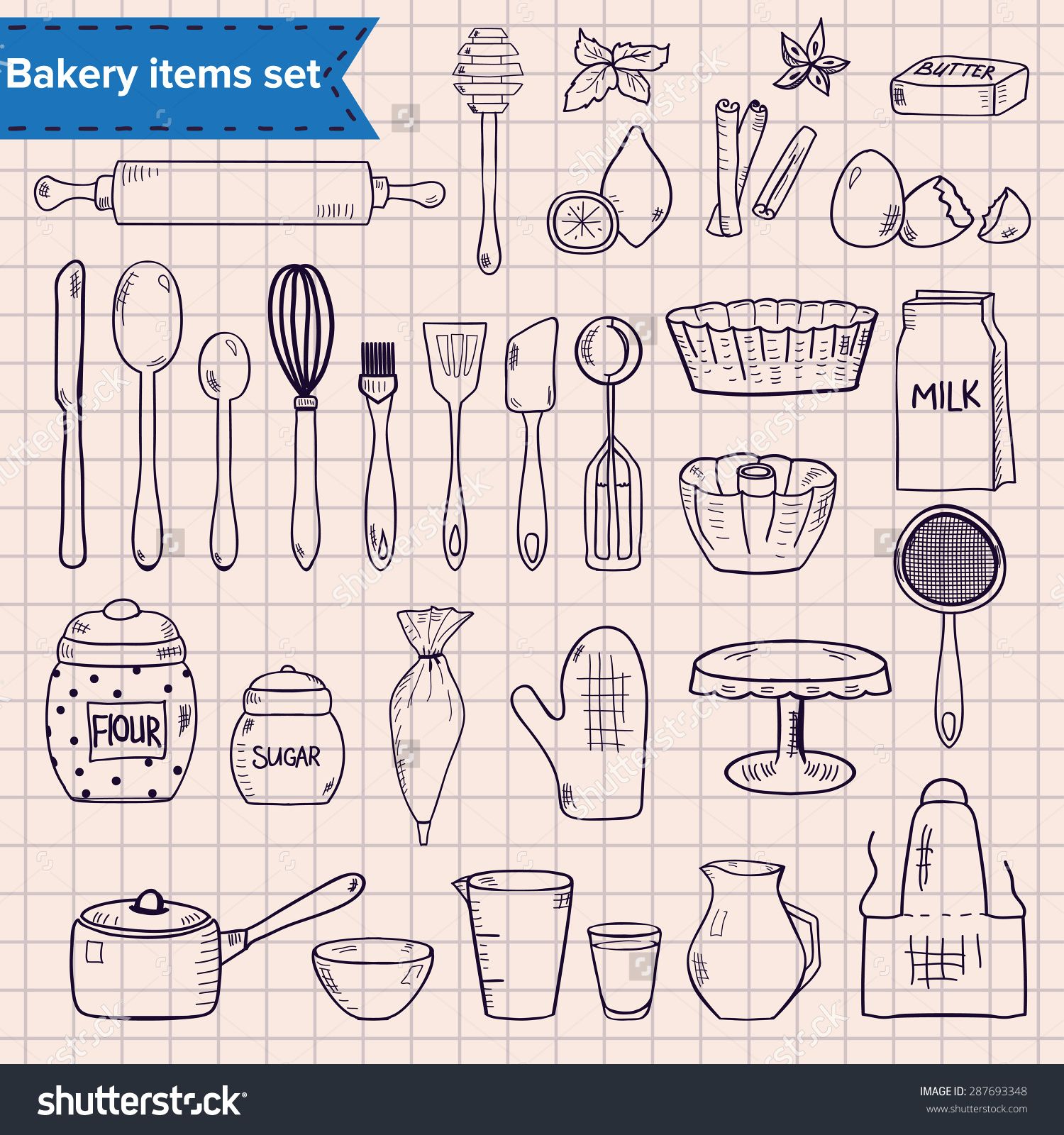 Set Of Hand Drawn Kitchen Items For Baking Stock Vector Illustration 287693348… … Writing Studio, Food Doodles, Stick And Poke, Coloring Book Art, Free Vector Art, Kitchen Items, Recipe Book, Doodle Art, Doodling