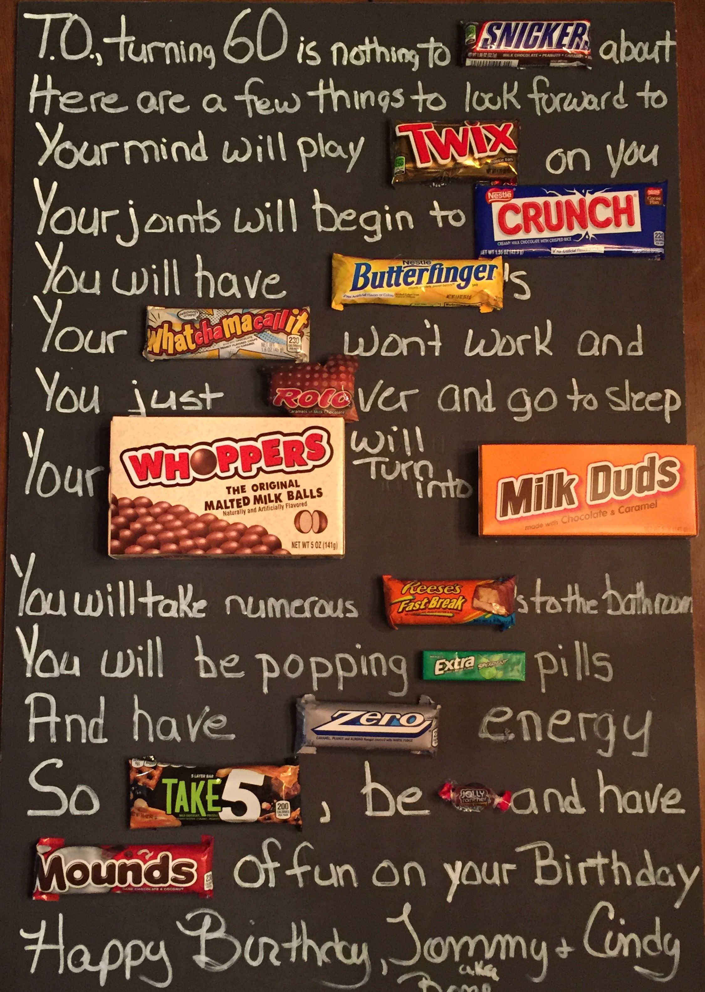 Old age Over the hill 60th Birthday candy card poster using candy bars