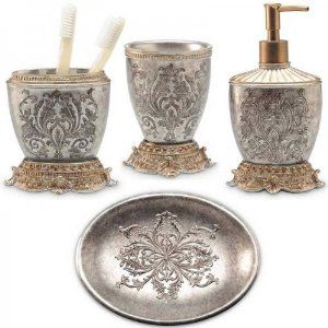 Lux Damask 4 Piece Bath Accessory Set Antique Silver Copper Lux Damask 4 Piece Bath Accessory Set Antique Silver Copper