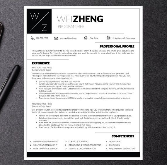 Professional Resume Template for Word and Pages: Wei - Instant Download Resume Template - US Letter Templates included - 1, 2 & 3 Page Resumes included. Worth every penny. Best Cv Template, Resume Design Template, Creative Resume Templates, Creative Cv, Cv Template Professional, Professional Resume, Resume Tips, Resume Examples, Sample Resume