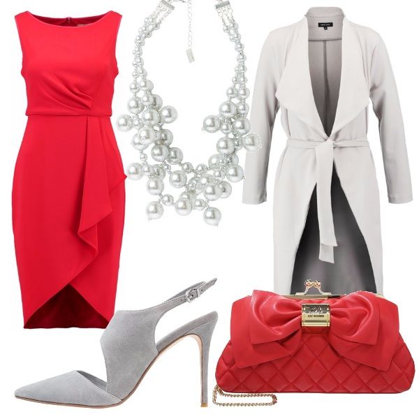 Vi propongo un tubino rosso a portafoglio con rouche, cappottino ... Perle: outfit donna Sexy per cerimonia e serata fuori | Bantoa