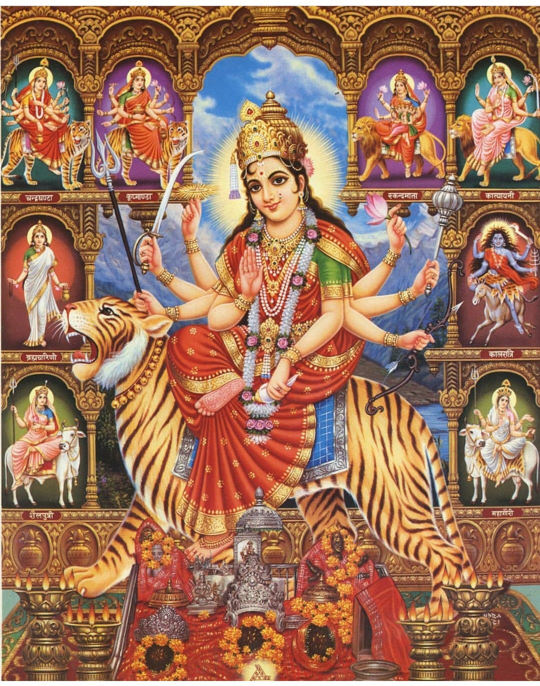 Religious Wall Decor Nav Durga Saraswati Lakshmi Kali Golden Zari Art Work Photo in Golden Frame Big 14 X 18 Inches Religious Wall Decor Nav Durga Saraswati Lakshmi Kali Golden Zari Art Work Photo in Golden Frame Big 14 X 18 Inches