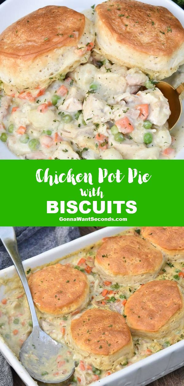 *NEW* Buttery, flaky biscuits baked right on top give the ultimate dinner makeover in Chicken Pot Pie with Biscuits! It's the perfect comfort food! #ChickenPie #ChickenPotPie #ChickenPotPieWithBiscuits #Biscuits #PotPie #Pie Pot Pies Recipes, Chicken Pot Pie Recipes, Poultry Recipes, Kitchen Recipes, Cooking Recipes, Vegan Recipes Easy, Easy Dinner Recipes, Breakfast Recipes, Easy Meals