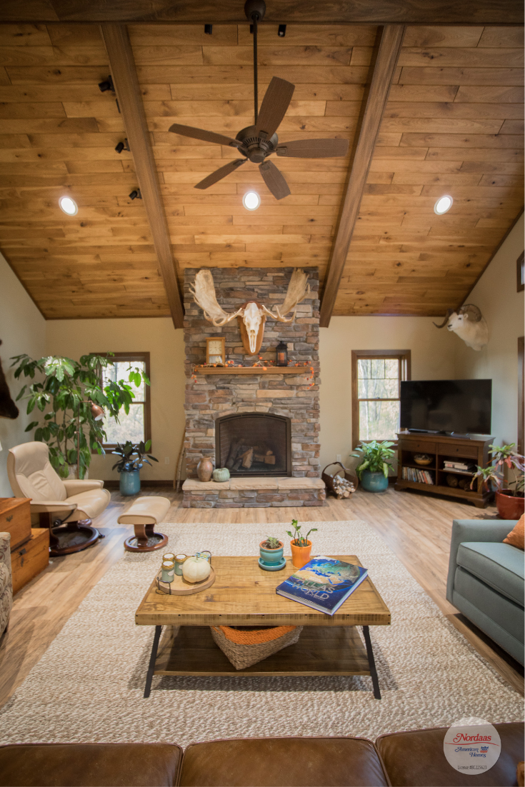 Rustic Living Room With Wood Vaulted Ceiling And Stone Fireplace Ceiling F Vaulted Ceiling Living Room Farm House Living Room Cathedral Ceiling Living Room
