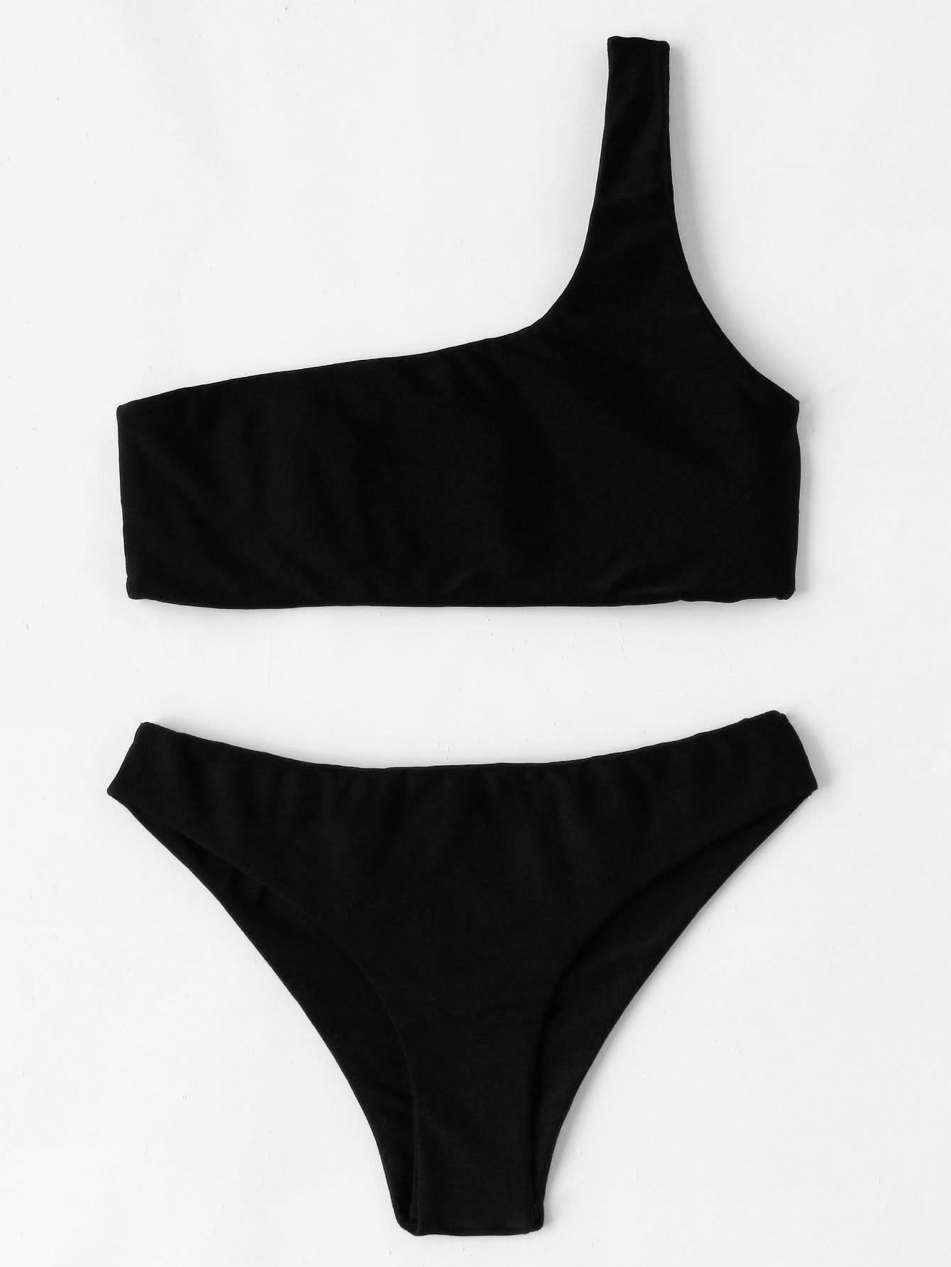 Bikini Babes, Bikini Sets, Bikini Bottoms, Black One Shoulder Top, One ...