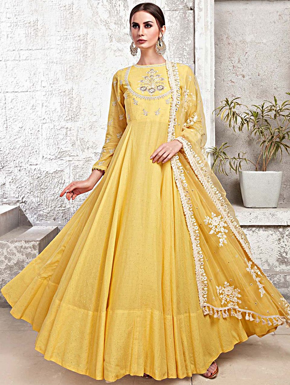 Yellow Muslin Cotton Anarkali Suit with Thread Embroidered Yoke | Gowns, Designer gowns, Dresses