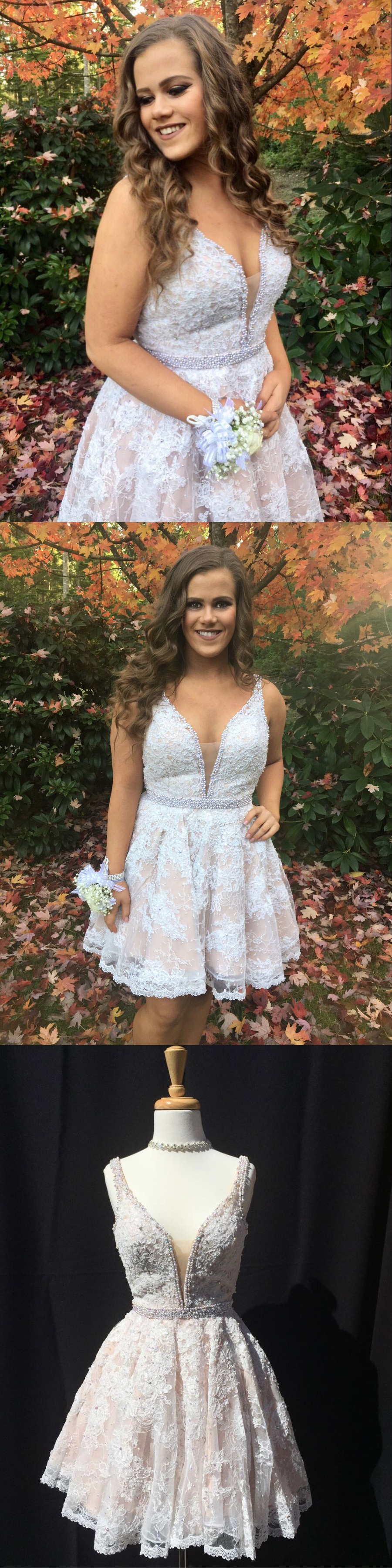 Ivory lace homecoming dress with v-neck,beaded short prom dresses Lace Homecoming Dresses, Prom Gown, Wedding Dresses, Beaded Applique, Short Prom, Ivory Lace, Beaded Lace, Cocktail Dresses, Beautiful Dresses