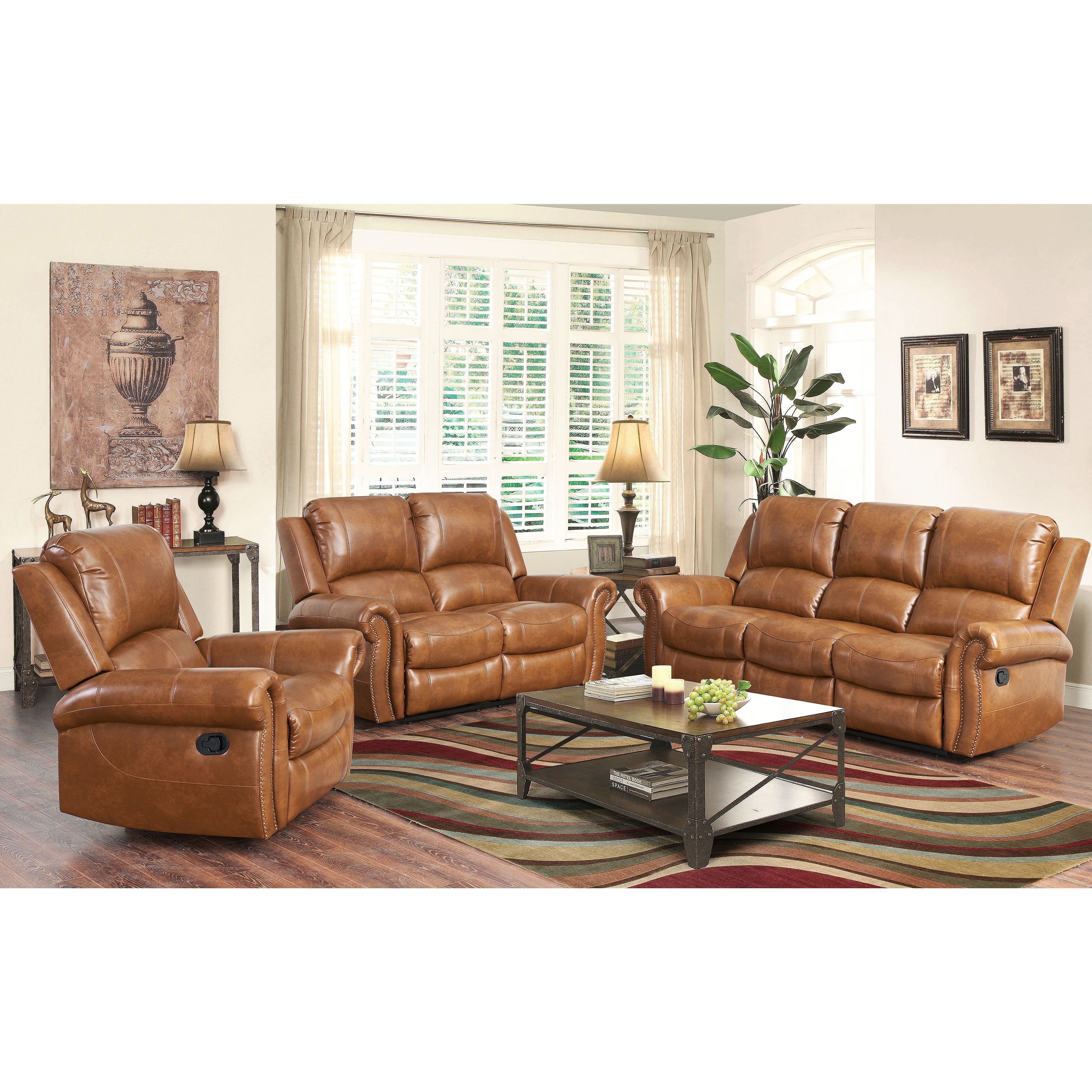 Abbyson Skyler Cognac 3 Piece Leather Reclining Set