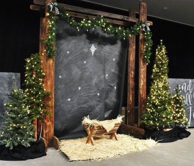 Three Points Vintage | Christmas Boutique | Church Christmas Decor | Church Christmas Stage Christmas Stage Decorations, Christmas Stage Design, Photo Backdrop Christmas, Ward Christmas Party, Church Stage Design, Christmas Program, Christmas Backdrops, Christmas Play, Christmas Nativity