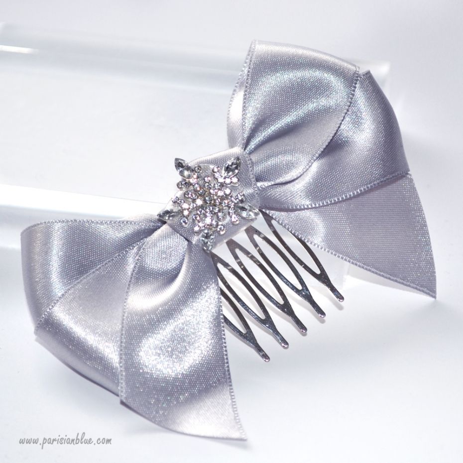 Barrette gros noeud satin argent