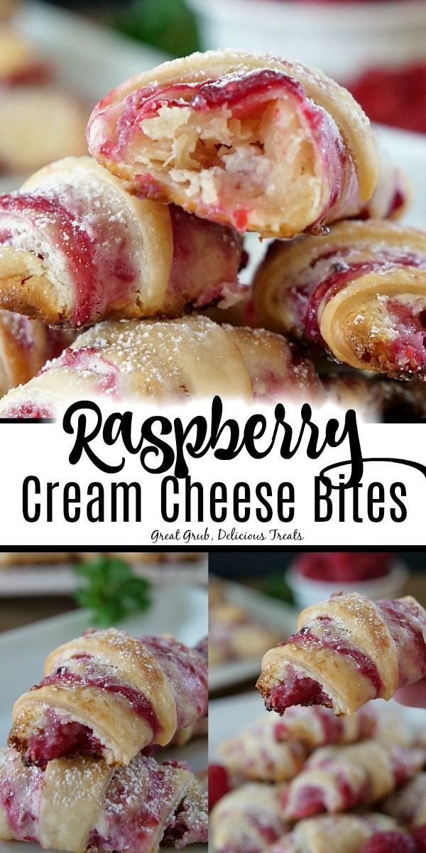 Raspberry Cream Cheese Bites are a delicious pastry snack filled with cream cheese and raspberries. #raspberries #creamcheese #pastry #raspberry #greatgrubdelicioustreats Breakfast Brunch, Breakfast Recipes, Dessert Recipes, Cake Desserts, Breakfast Ideas, Breakfast Pastries, Yummy Treats, Delicious Desserts, Yummy Food