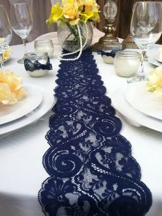 Navy Blue Lace Table Runner 3ft 11ft Long X12in Wide Wedding Decor Navy Blue Wedding Table Google Search Possible Option For Instead Of Overlay