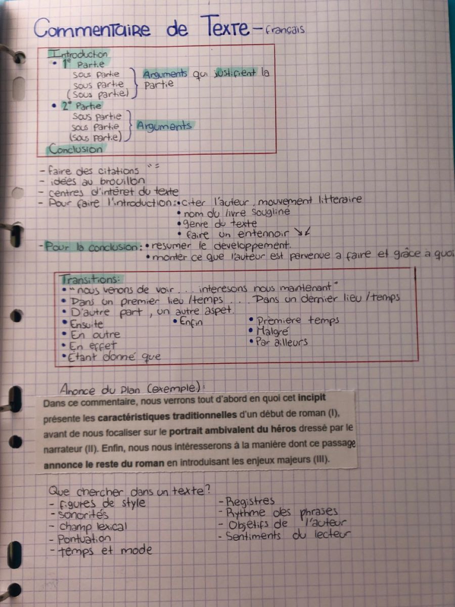 Fiche commentaire de texte en français