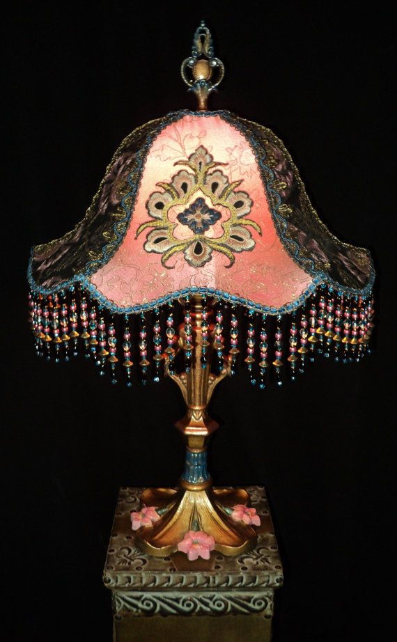 Handmade Antique Lampshade Lamp Beaded Fringe Metallic Lace Art Nouveau Design Ombre Dyed Silk Pinks Shades Victorian Lamps Modern Handmade Antique Lampshade Lamp Beaded, Vintage Lampshade Beads