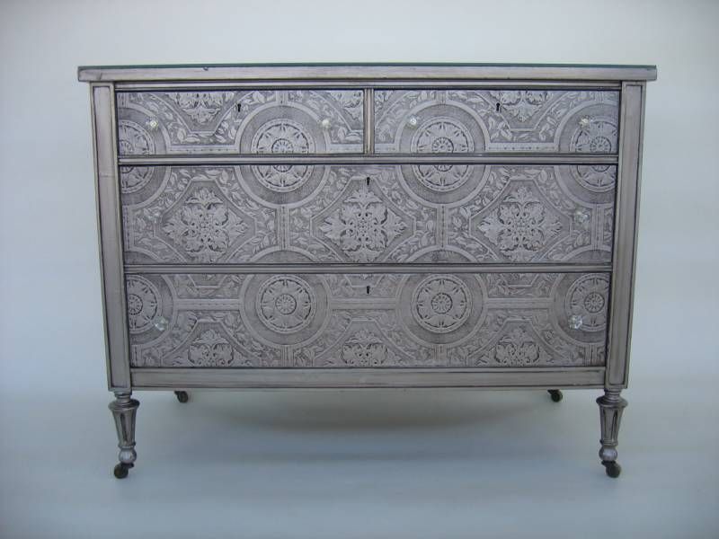 Silver Dresser Done With Paintable Textured Wallpaper On Drawer Silver Dresser Done With Paintable Textured Wallpaper On Drawer Front