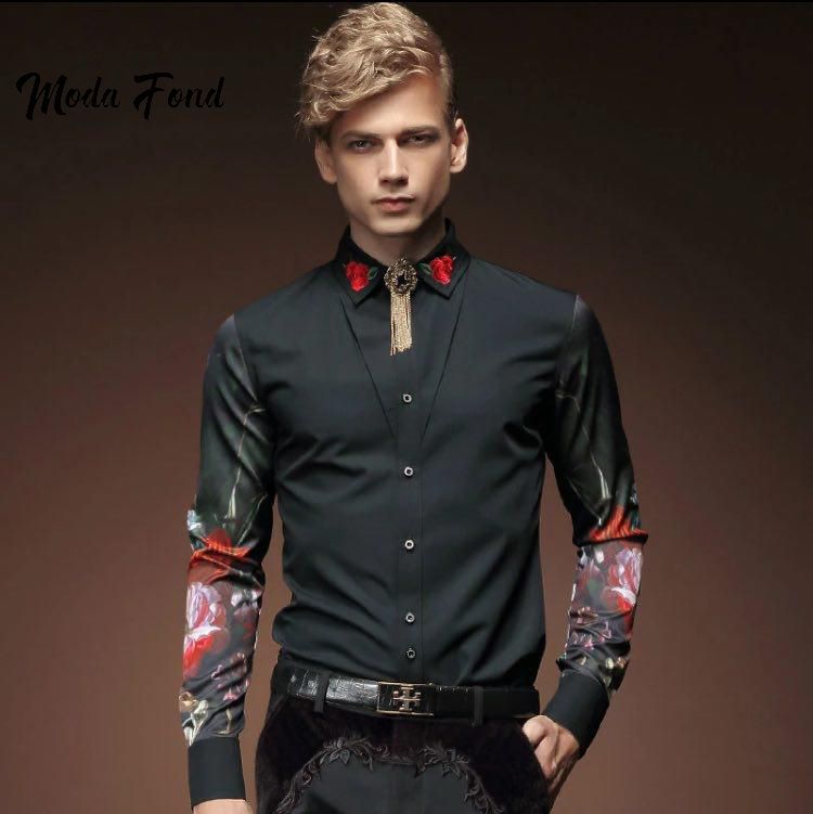 FANZHUAN Trendy Red Wine Floral Shirt for Men Slim Fit Wrinkle Free