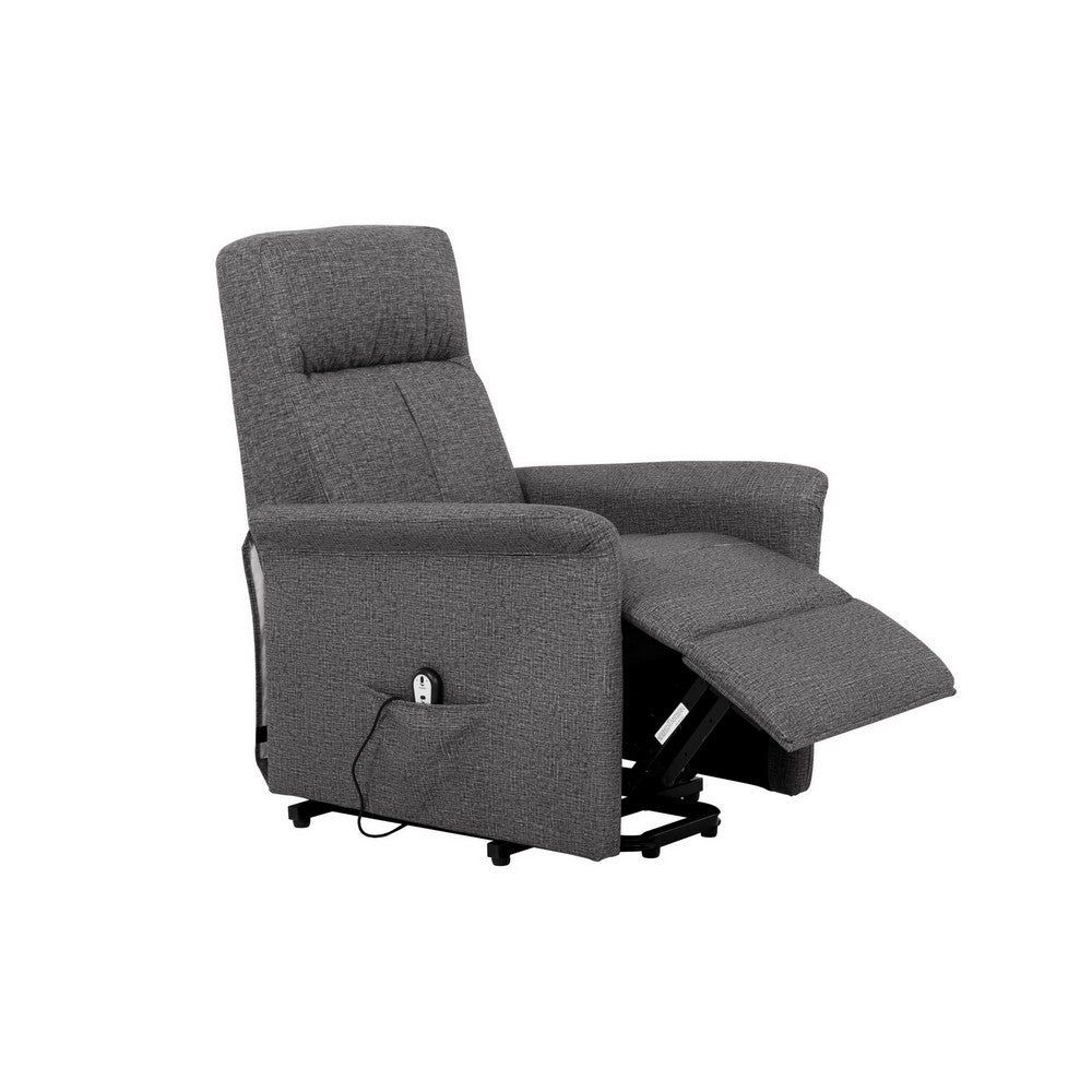 Features: One modern recliner chair Soft, smooth gray fabric upholstery Split padded back with a tight seat Stylish flared armrests Pocket coil spring seating Side pocket for storage Wired remote control 28L x 34W x 40H, in inches Product Weight: 86 lb Description: Contemporary in style, this power lift recliner chair features an extra thick padded cushion that conforms for comfort as you relax and unwind. Made with a composite wood frame and covered in high quality breathable fabric, it has ext Modern Recliner Chairs, Lift Recliners, Wholesale Furniture, Relax, Unwind, Composite Wood, Minimalist Design, Bedding Sets