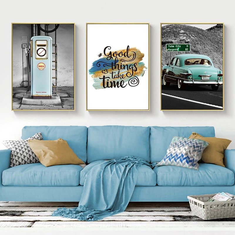 Nordic Decoration Nostalgic Petrol Station Print Blue Car Canvas Painting Modern Es Wall Art Poster Picture For Living Room Pictures Decor Nordic Decor Wall Art, What Is The Best Sofa Filling Station