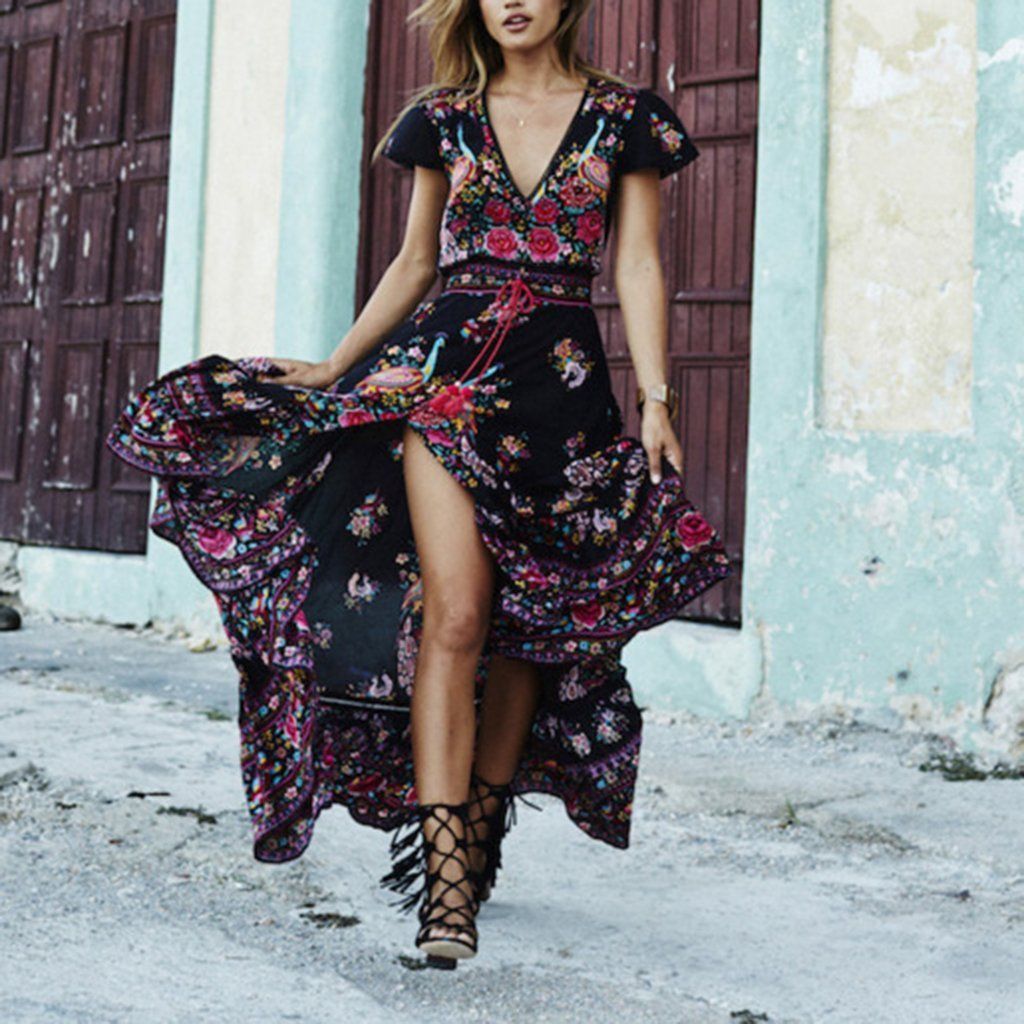 Casual Boho Dresses Evening Long Sleeve Party Dress Cocktail Maxi Floral V Neck Casual Boho Dresses Evening Long Sleeve Party Dress Cocktail Maxi Floral V Neck