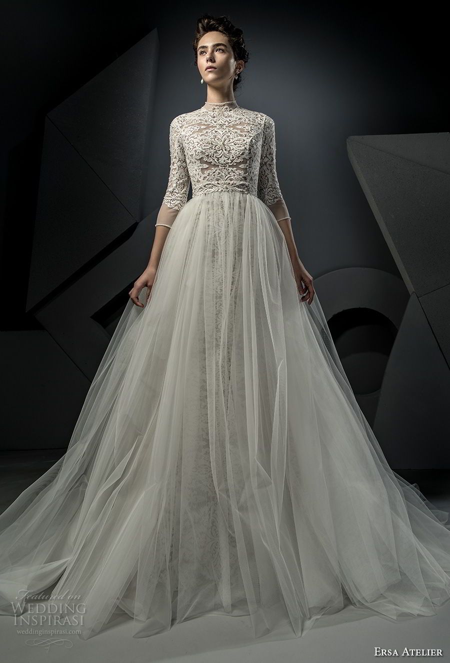 Ersa Atelier Spring 2018 Wedding Dresses Miss Mist Bridal Ersa Atelier Spring 2018 Bridal Thiree Quarters Sleeves High Neck Heavily Embellished Bodice Tulle Skirt Elegant Modest A Line Wedding Dress Covered Lace