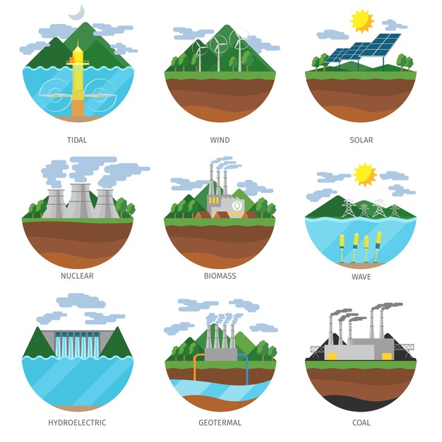 Free Vector | Generation energy types. power plant icons vector set. renewable alternative, solar and tidal, wind and geotermal, biomass and wave illustration Tidal Energy, Wind Energy, Solar Energy, Solar Power, Tidal Power, Wind Power, Renewable Energy Projects, Renewable Sources Of Energy, Energy Sources