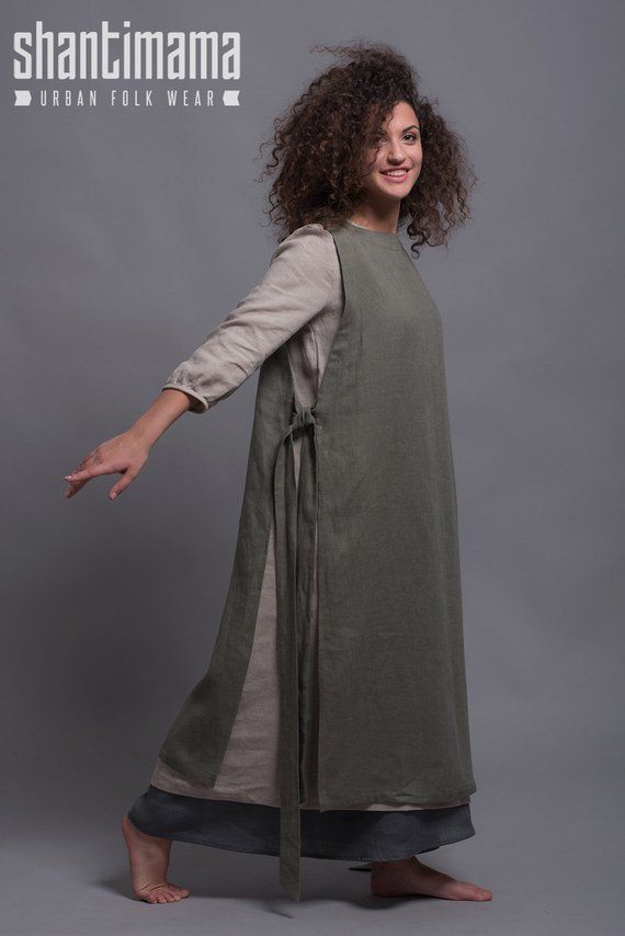 Linen Apron "LINAS", Long Linen Woman Pinafore Apron, Loose Linen Tunic Apron, Work dress Plus Size, Japanese Apron Lagenlook Pinafore Dress Linen Apron Dress, Linen Dresses, Dress Sewing, Sewing Coat, Long Linen Dress, Dresses Dresses, Dance Dresses, Ball Dresses, Dress Long