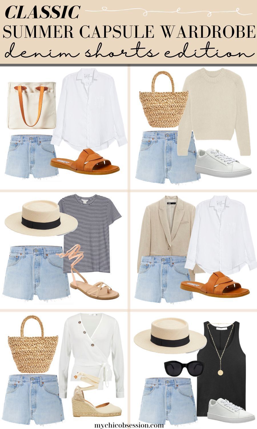 Think about it: a wardrobe made up of high-quality, versatile pieces that make getting dressed in the summer heat a breeze. From grocery shopping to date night, this selection includes everything you'll need in a classic capsule wardrobe for summer. These timeless pieces will allow you to create dozens of different looks that will keep you stylish all summer long. #summercapsulewardrobe #summeroutfits #capsulewardrobe #summerstyle #denimshorts Capsule Outfits, Fashion Capsule, Look Fashion, Fashion Outfits, Womens Fashion, Timeless Fashion, Simple Summer Outfits, Summer Holiday Clothes, Summer Casual