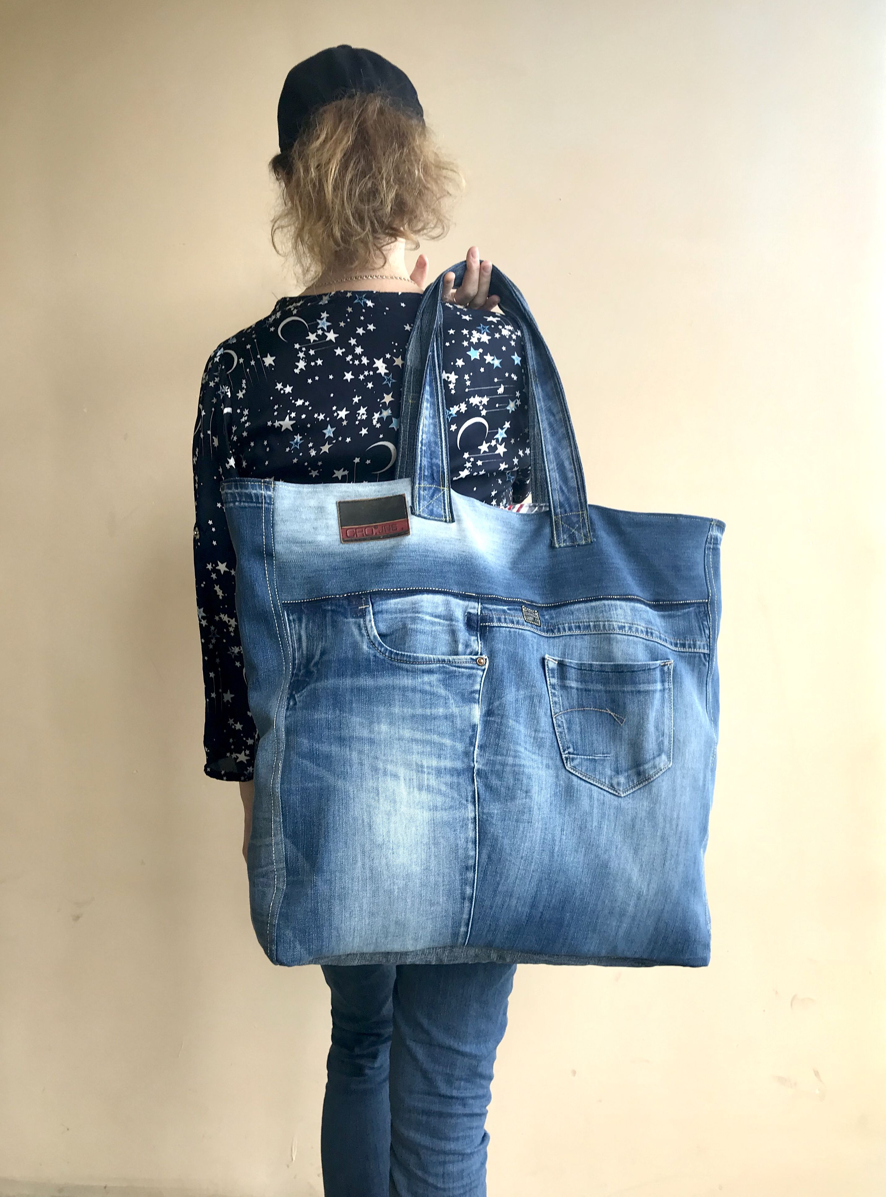 Large Recycled Denim Tote Bagblue Cotton Tote Bagreusable Etsy