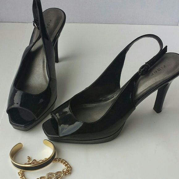 black open toe sling back heels