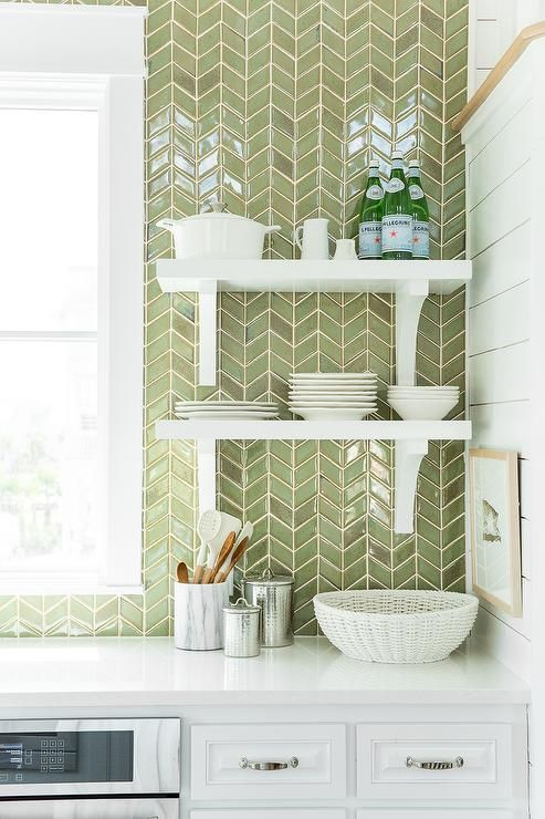 Instead of Subway Tile - Kitchen Backsplash Ideas — H u r d & H o n e y Light Green Kitchen, Green Kitchen Walls, Kitchen Wall Tiles, Kitchen Counters, White Kitchen, Green Tile Backsplash, Backsplash Patterns, Backsplash Ideas, Tile Ideas