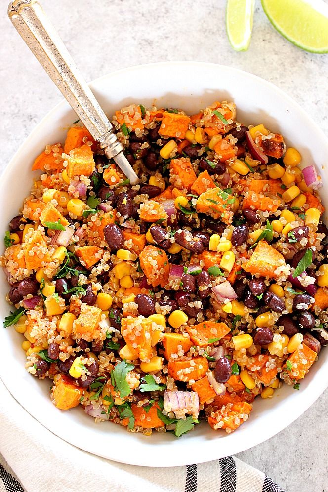 Roasted Sweet Potato Black Bean Quinoa Salad Recipe - healthy and filling quinoa salad with cumin roasted sweet potatoes and quick oil and lime vinaigrette. Perfect as a side dish or a healthy lunch! Quinoa Salad Recipes Healthy, Vegetarian Vegan Recipes, Healthy Salad Recipes, Healthy Lunch, Veggie Recipes, Whole Food Recipes, Healthy Eating, Picnic Recipes, Delicious Healthy