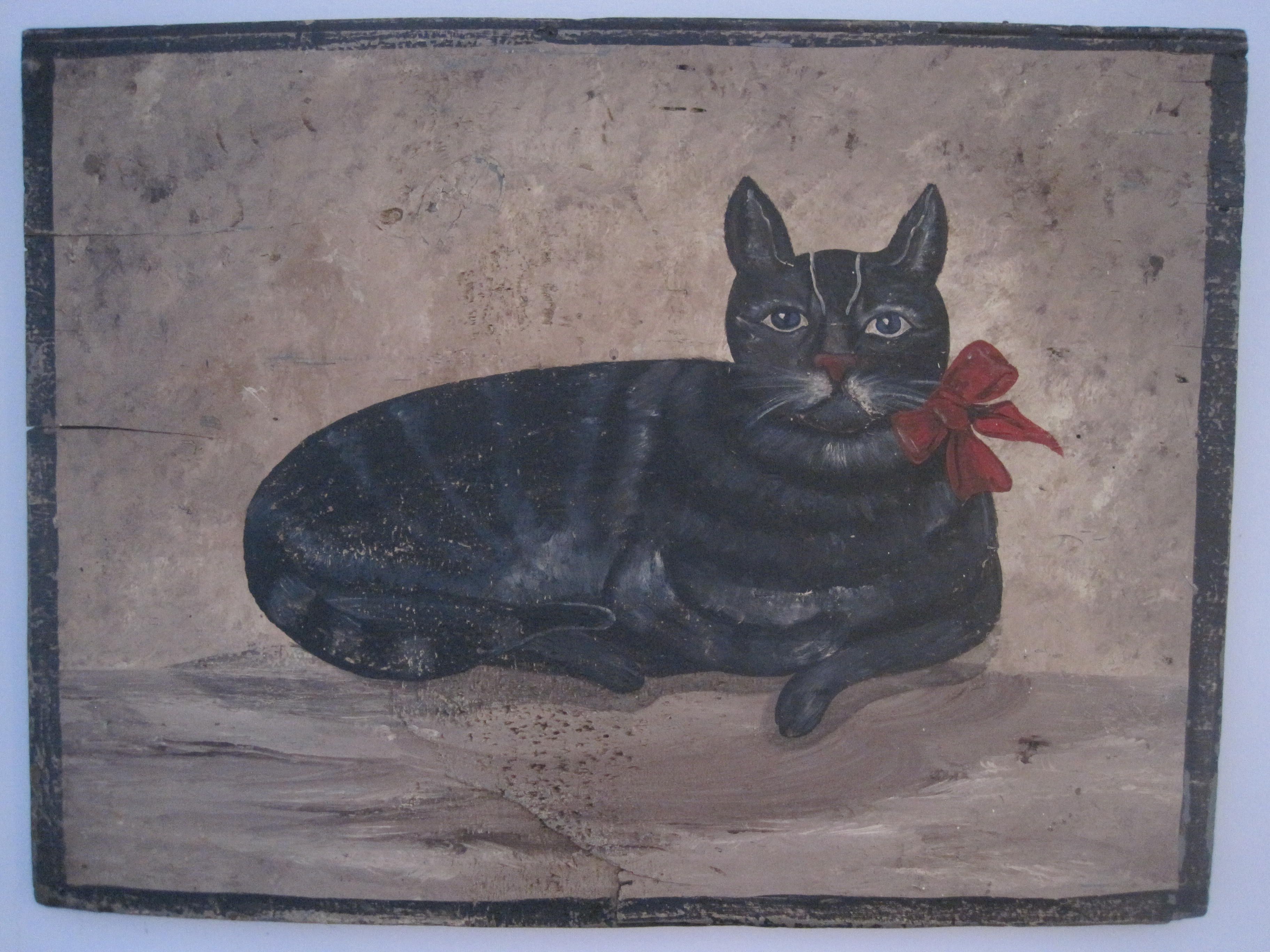 Antique 1800s American Folk Art Black Cat w Tiger Stripes Oil on Board