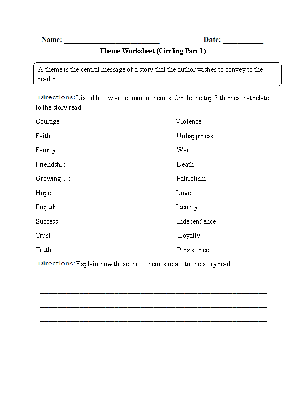 Third Grade Worksheets On Theme Images/Pictures Circling Theme Worksheet Worksheets Central Message Literary Elements