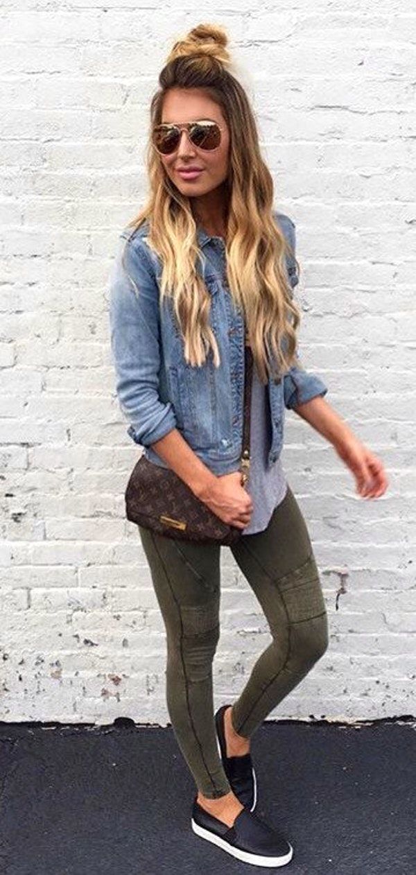 summer outfits Denim Shirt Khaki Skinny Jeans Black Pumps Outfits casuales, Ropa y Ropa casual