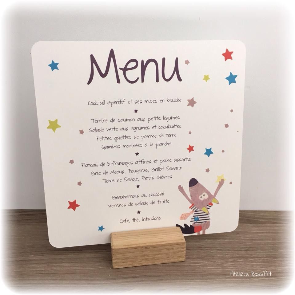3 Menus baptême communion décoration de table motif Loup étoiles impression menu personnalisé