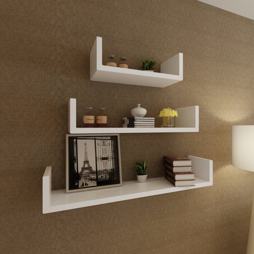 3 Piece Wall Mount Shelves Storage White U Shaped Floating 3 Piece Wall Mount Shelves Storage White U Shaped Floating