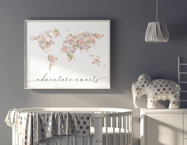 Floral World Map, Girl Nursery Decor, Adventure Awaits World Map, Travel Nursery Art, Champagne Blush, Neutral Nursery, Floral Nursery Print
