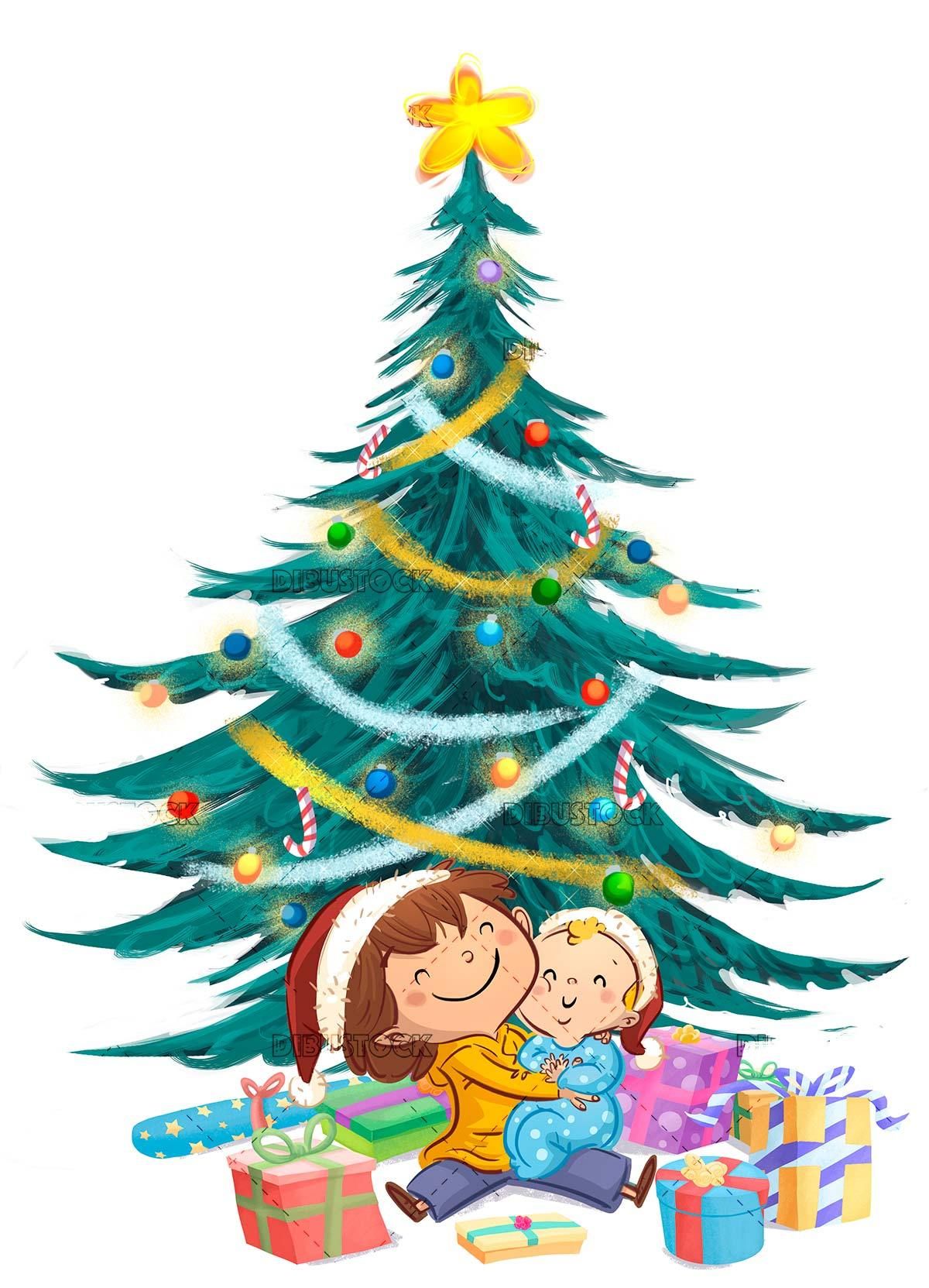 Boy and baby with Christmas gifts and ornate tree