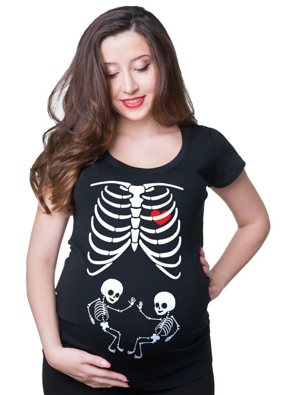 Maternity T-shirt Skeleton Cute Halloween Pregnancy Twins T-shirt Funny Costume