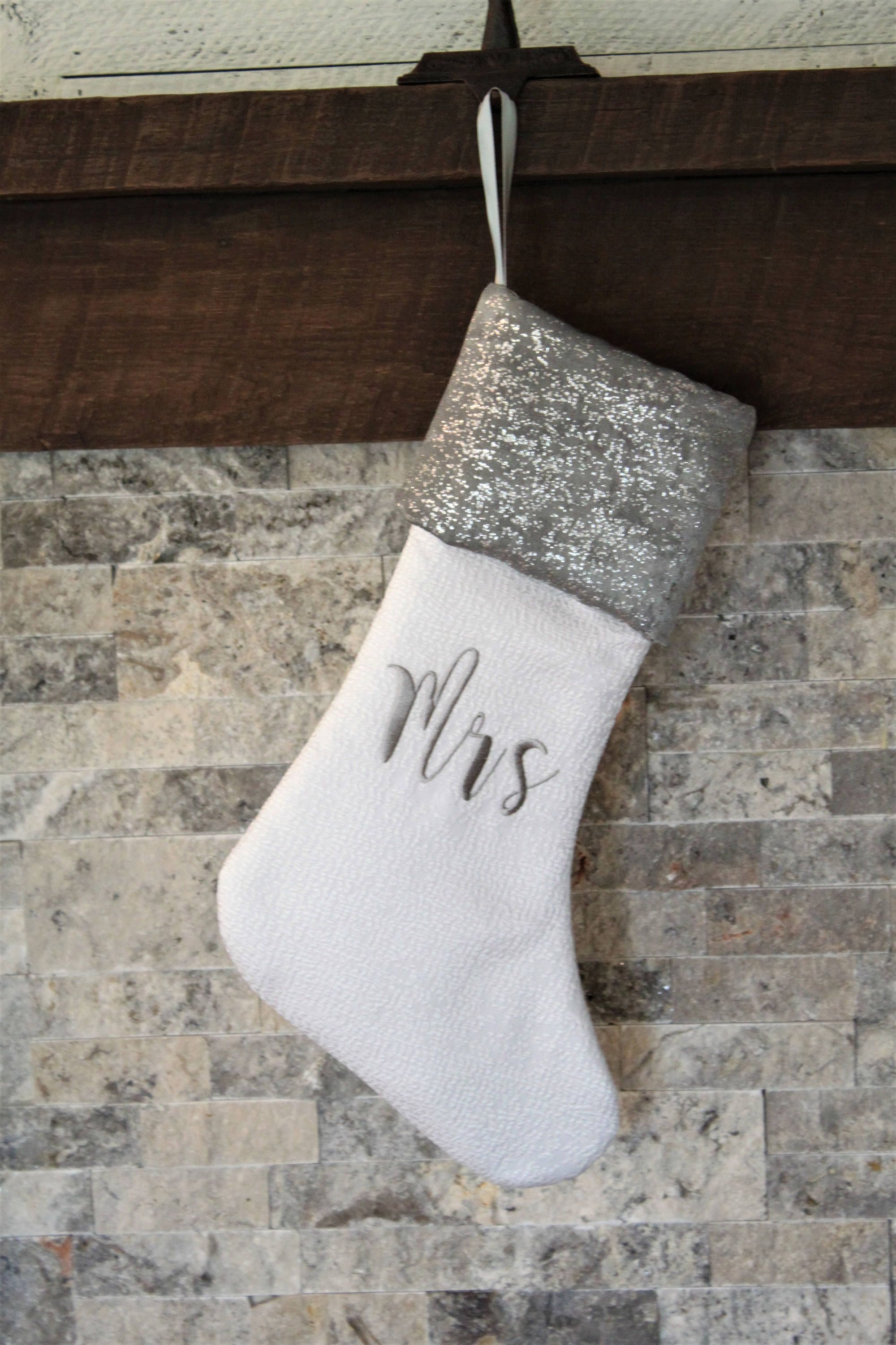 White Silver Gray Glitter Christmas Personalized Stocking Etsy Personalized Stockings Glitter Christmas Stockings