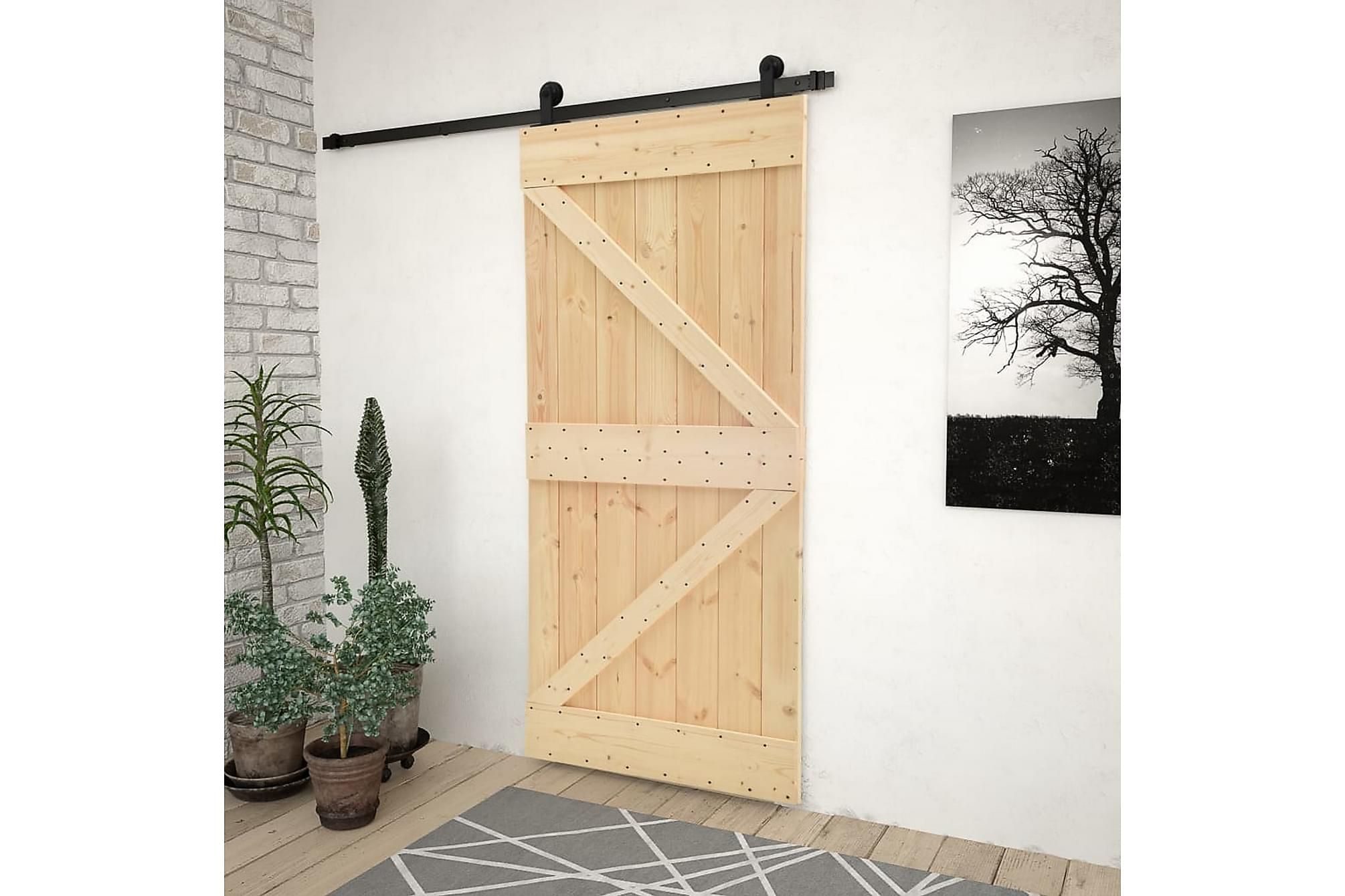 Skjutdörr med beslag 90×210 cm massiv furu
