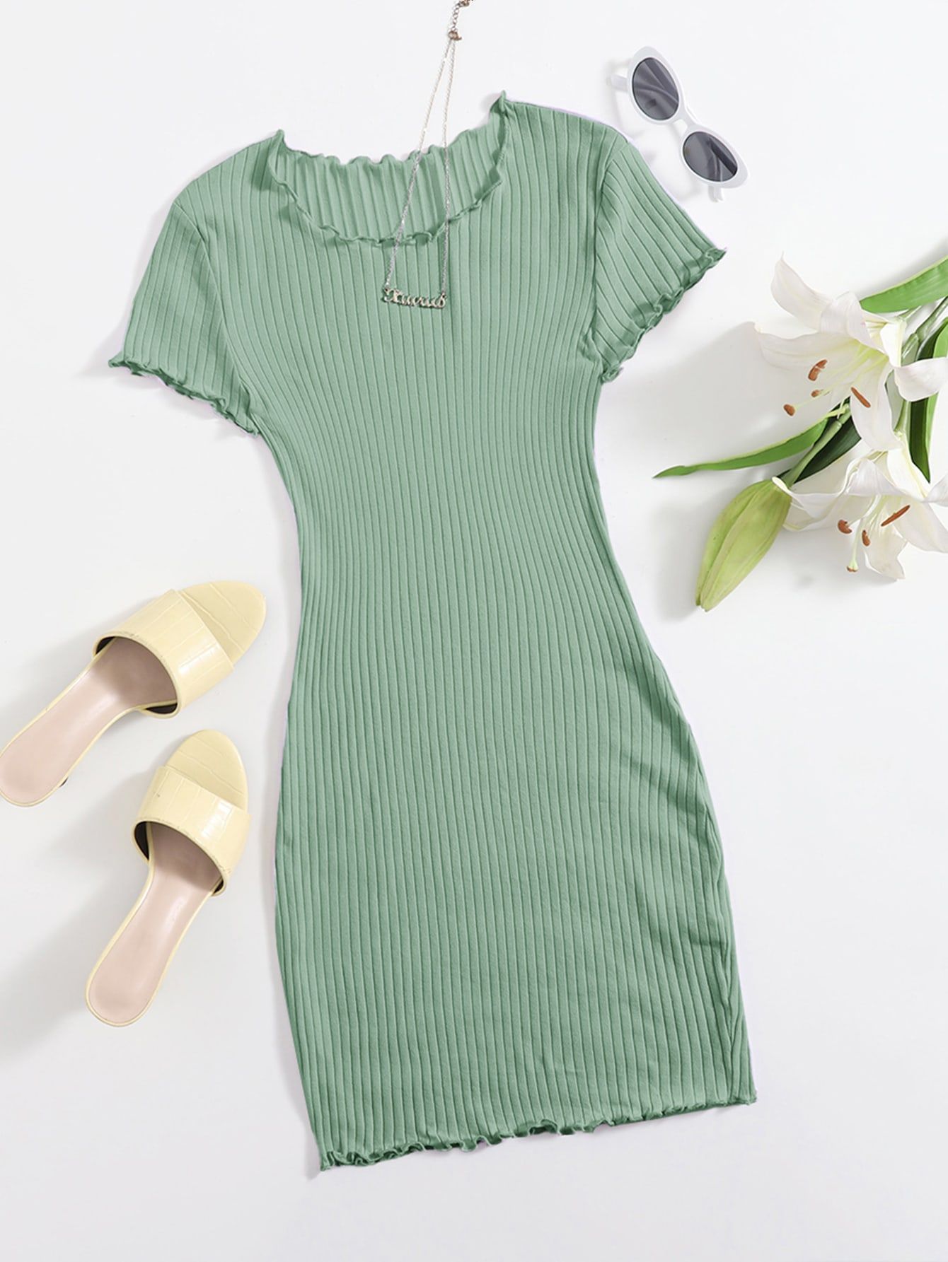 Lettuce Trim Rib-knit Bodycon Dress