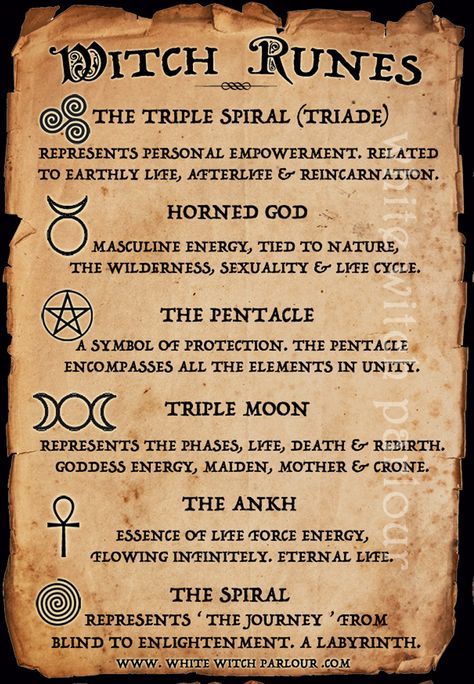 witch runes, meaning, symbols, ankh, spiral, triple moon,pentacle,horned god, triple spiral, triade, magic, pagan, mystic, wicca, metaphysical, white witch parlour, www.whitewitchparlour.com Witchcraft Spell Books, Witch Spell Book, Magick Spells, Real Spells, Witchcraft Symbols, Magick Book, Occult Symbols, Wiccan Magic, Wiccan Witch