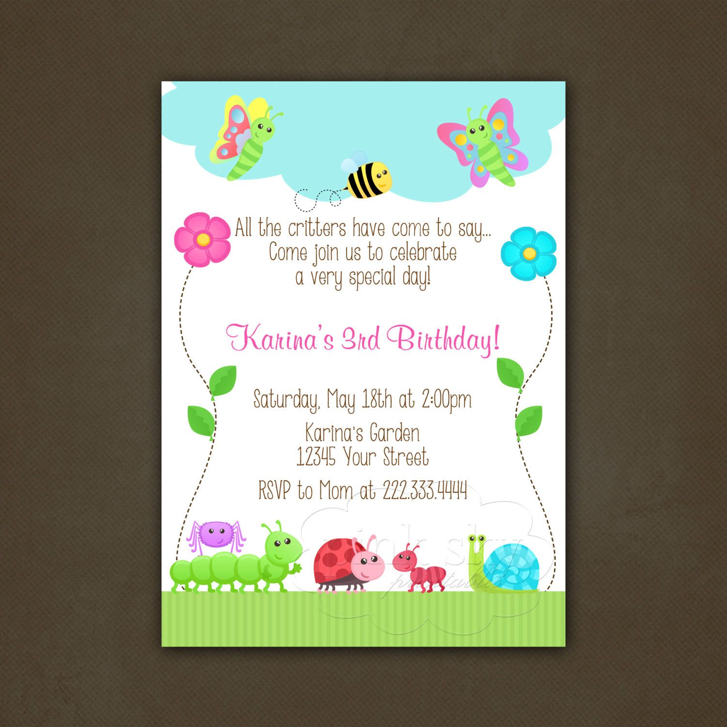 garden party birthday invitation critters by pinkskyprintables