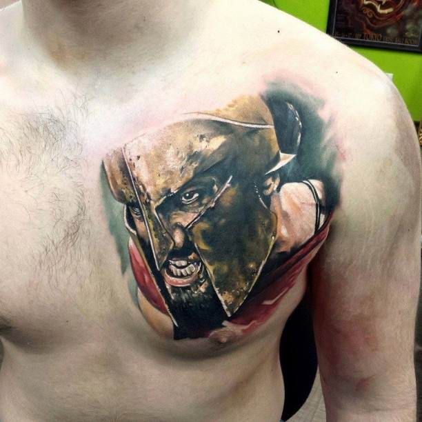 Grey Ink Stone Helmet And Hairs Tattoo On Chest Jpg 453 604 Spartan Tattoo Tattoos Warrior Tattoos